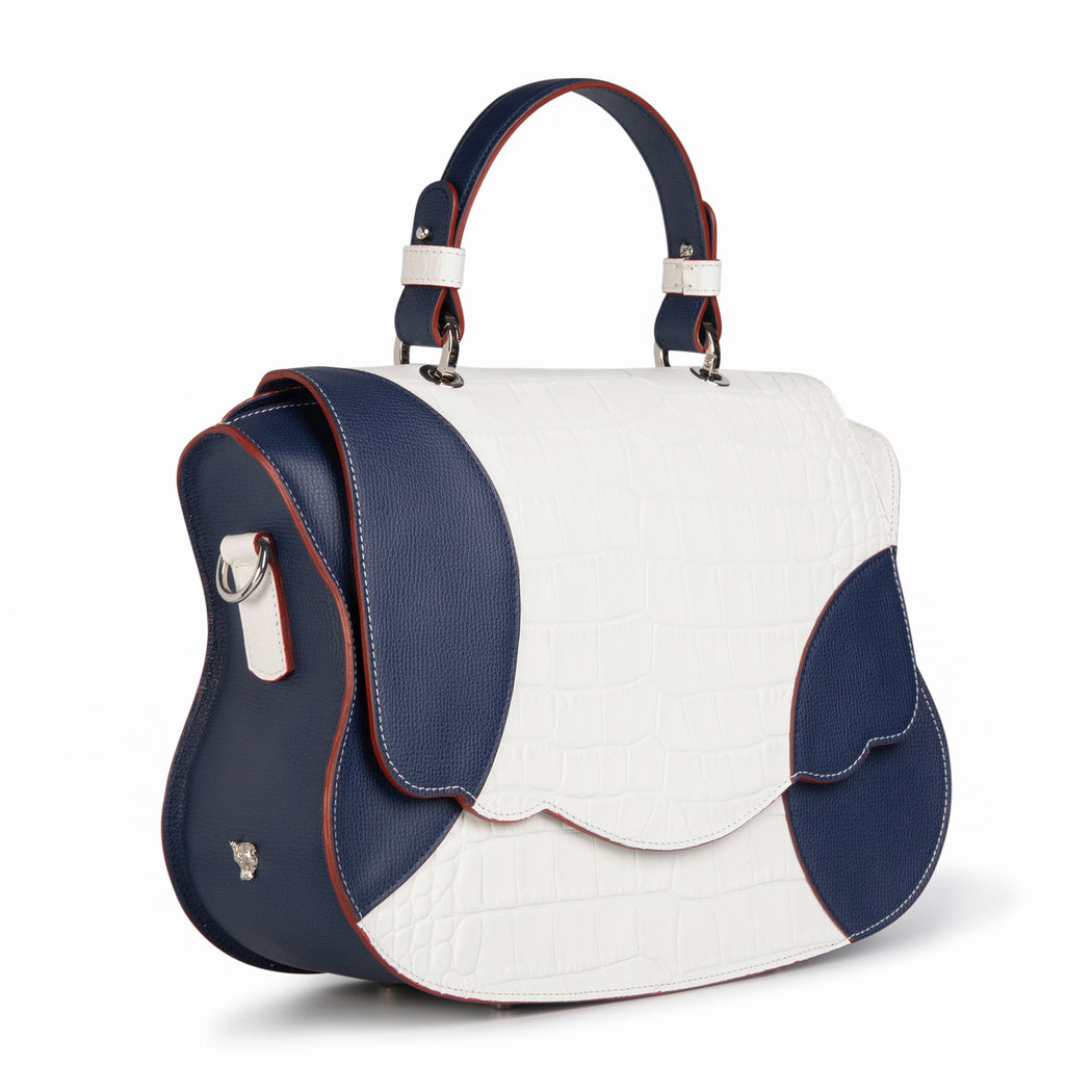 Designer satchel handbag in white-navy croc-embossed leather