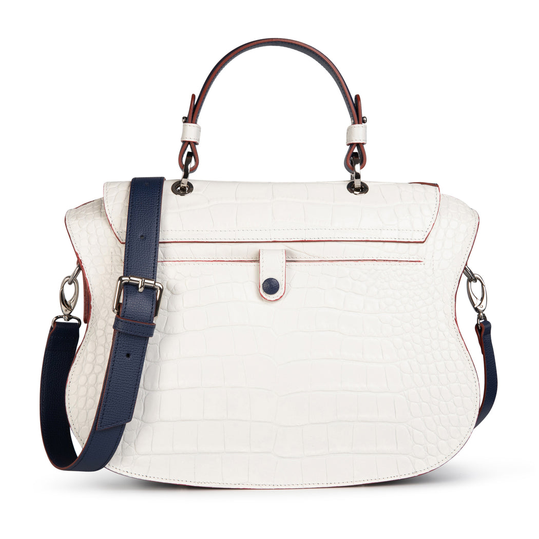 Womens designer handbag: White-navy designer satchel purse