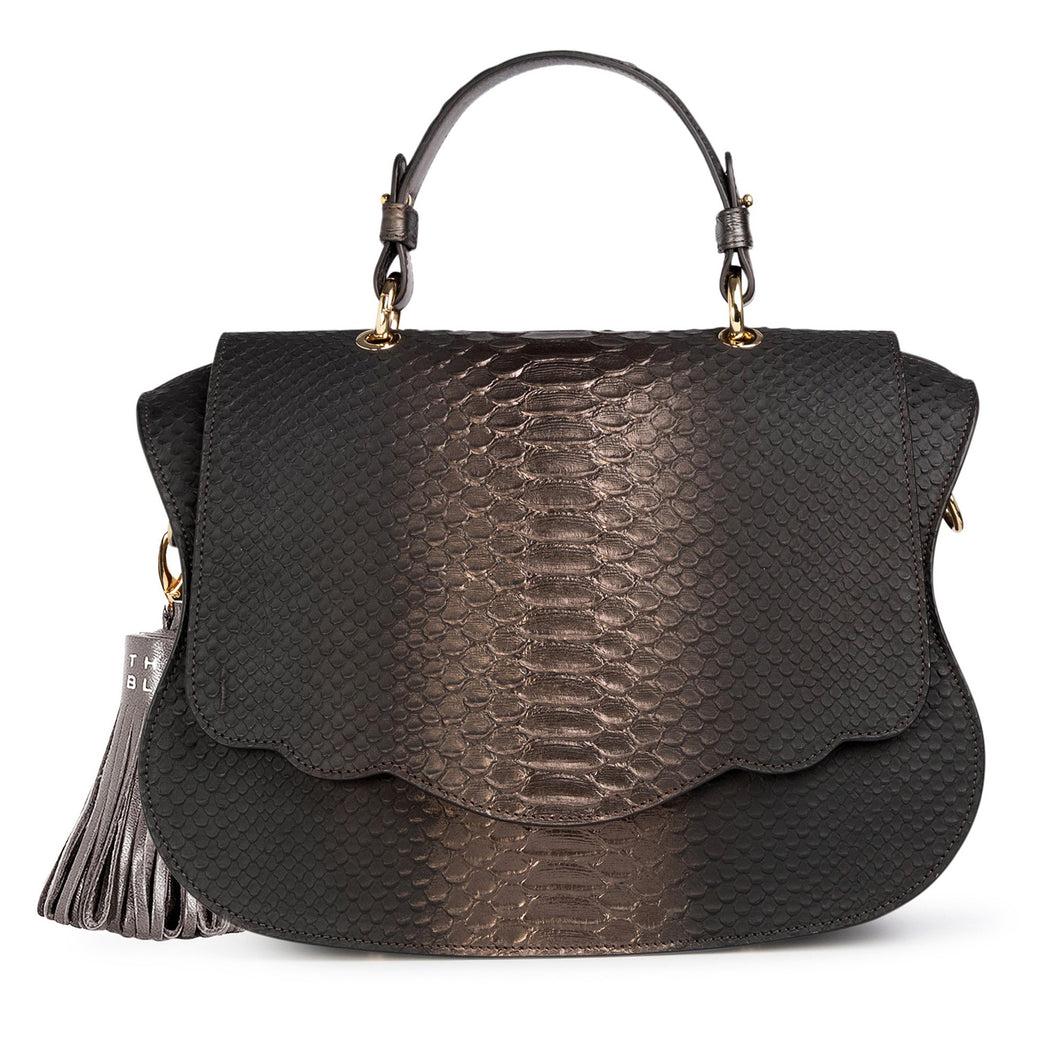 Audrey Satchel: Pewter Embossed Leather Designer Handbag