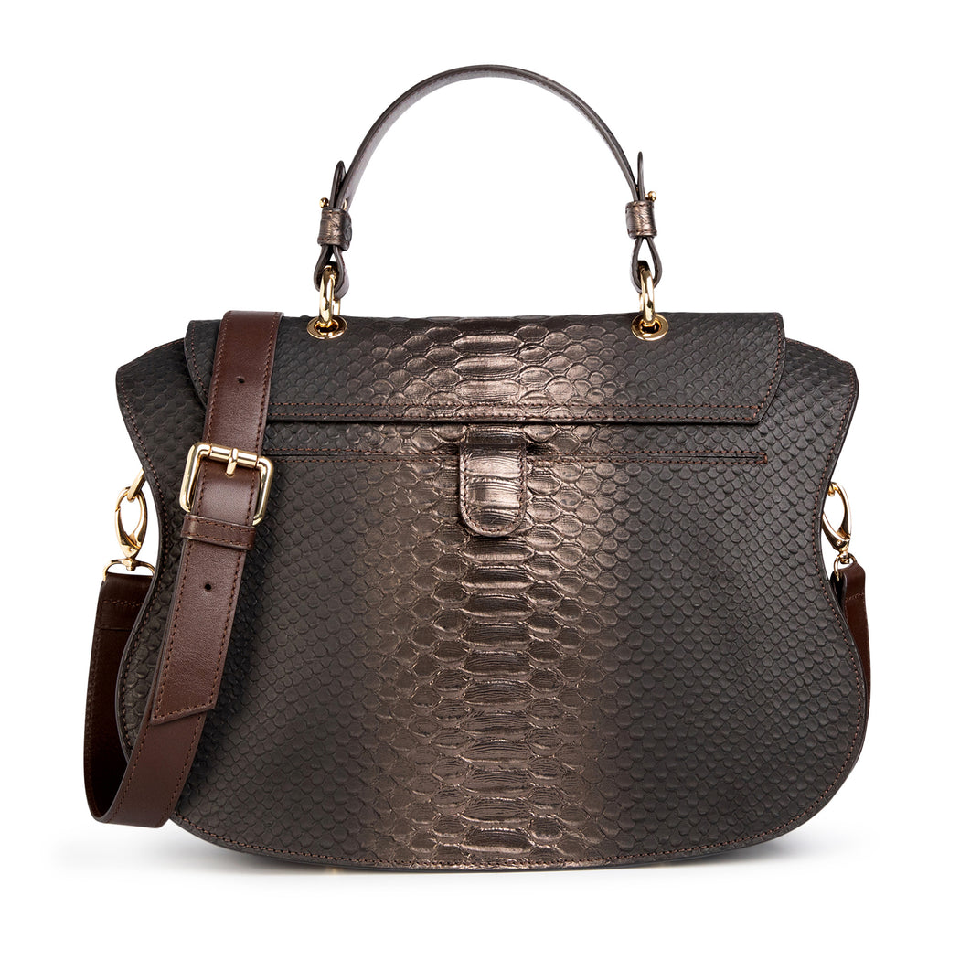 Luxury handbag: Designer satchel purse in pewter embossed python print.