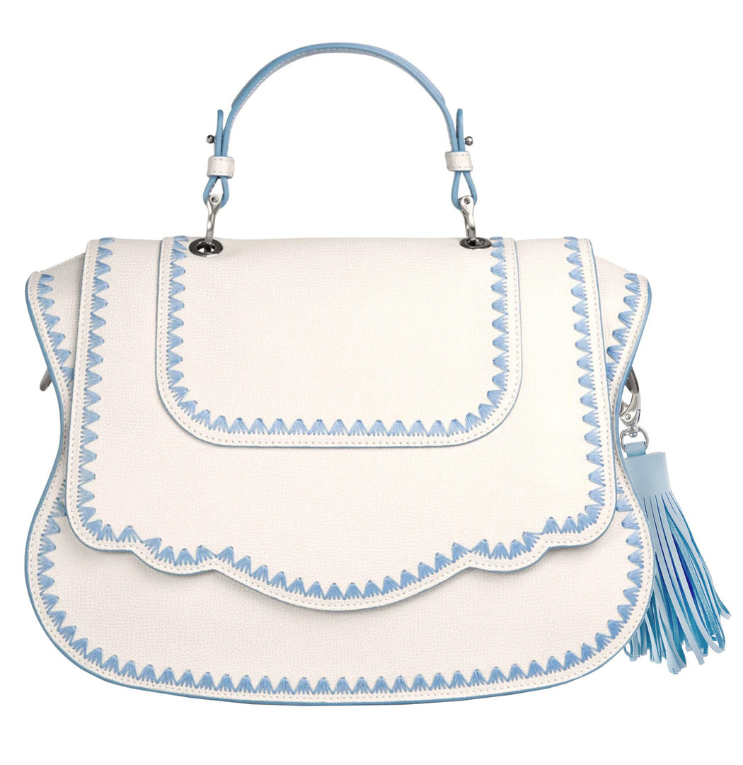 Audrey Satchel: White Designer Handbag with Blue Stitching