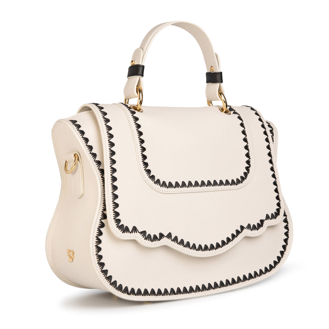 Audrey Handbag: Designer Satchel, White Leather/Blue Stitch – Thale Blanc