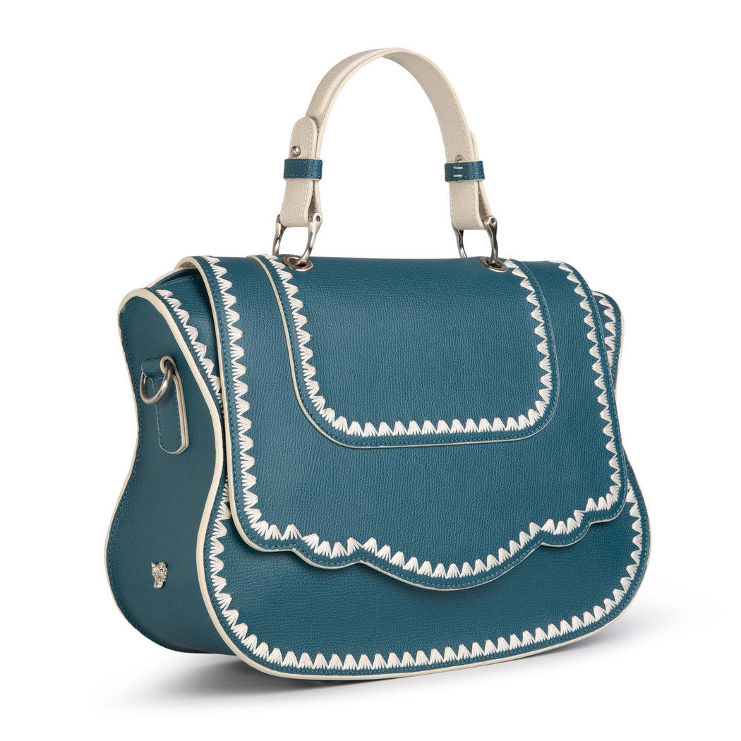 Designer satchel handbag in teal leather with white stitch