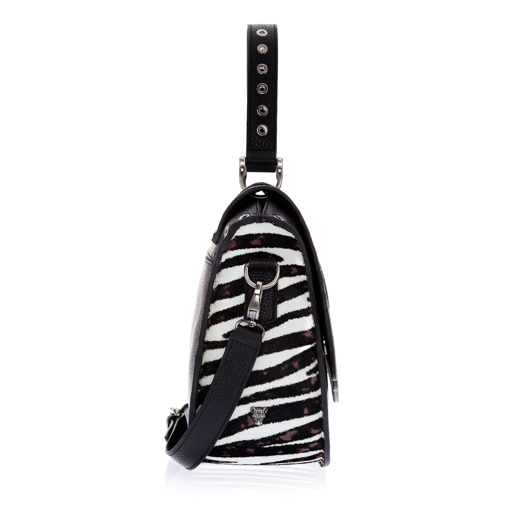 Audrey Rivet Satchel: Black Designer Handbag with Printed Haircalf
