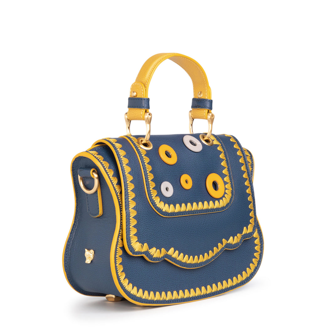 Luxury crossbody bag in classic Audrey handbag style, blue with yellow eyelets
