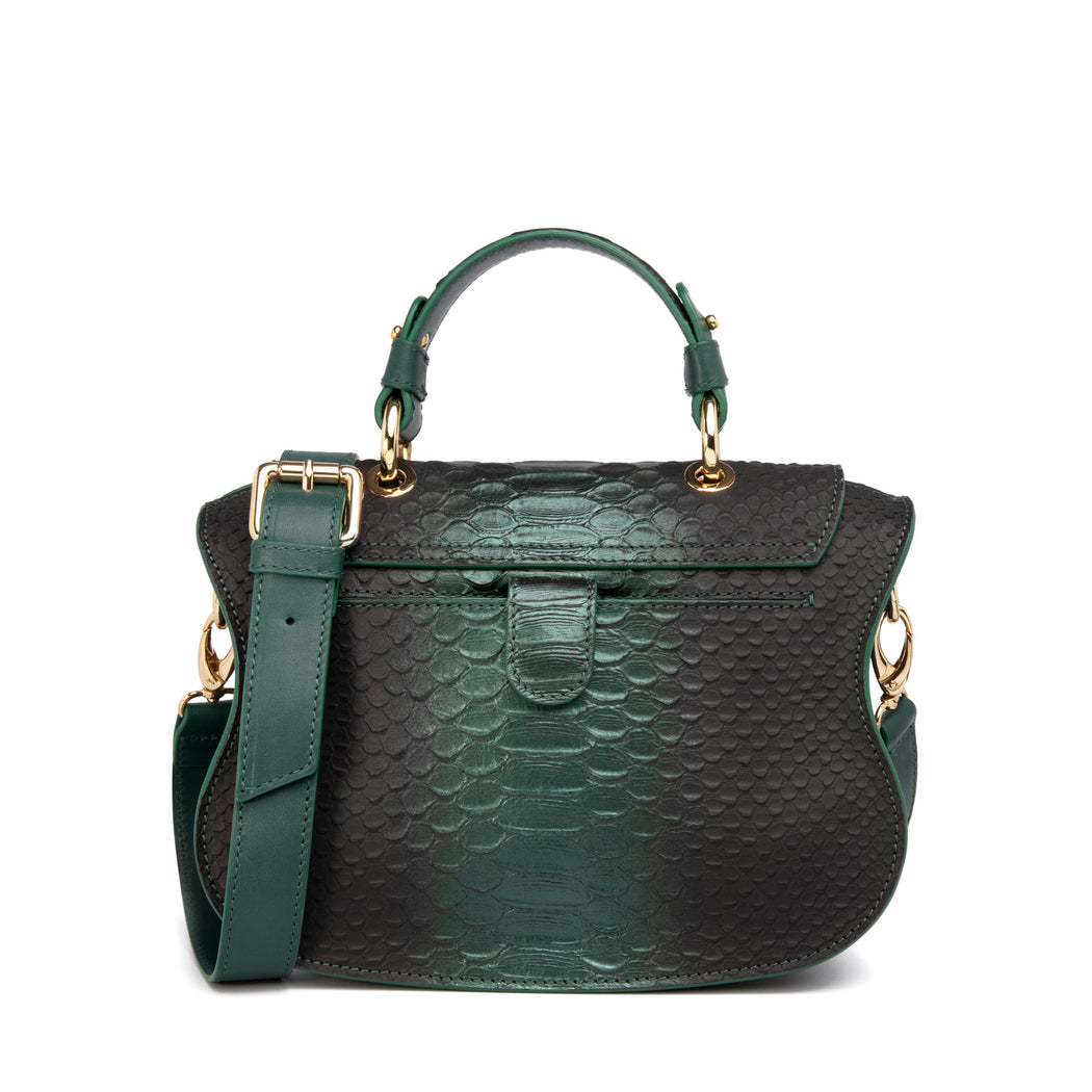 Women's designer handbag: Snakeskin print purse, green leather
