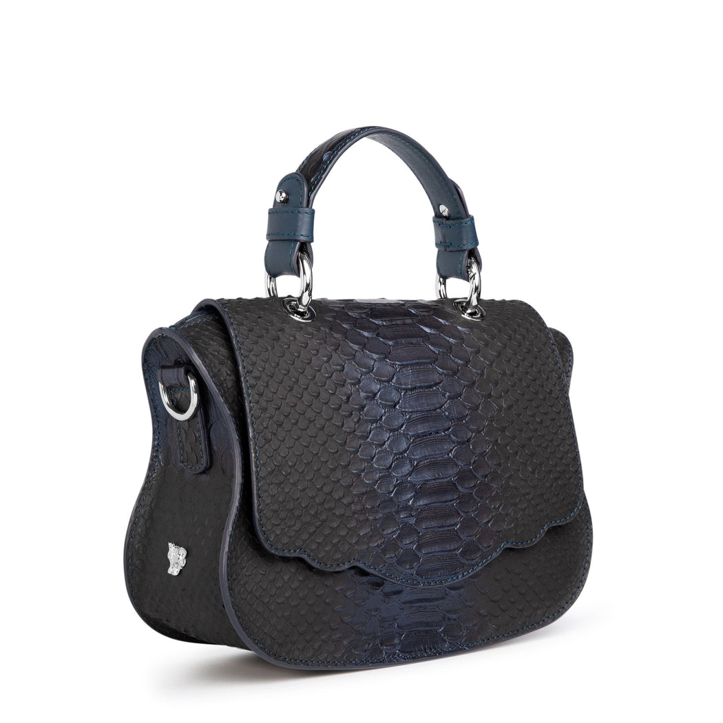Designer crossbody bag, mini, in blue snakeskin print leather