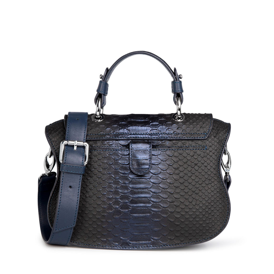Women's designer handbag in blue snakeskin leather