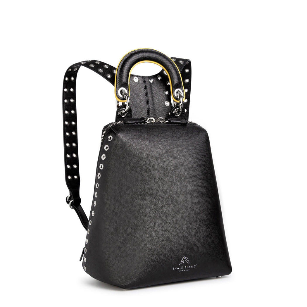 Women's designer backpack in black leather with silver eyelets on strap