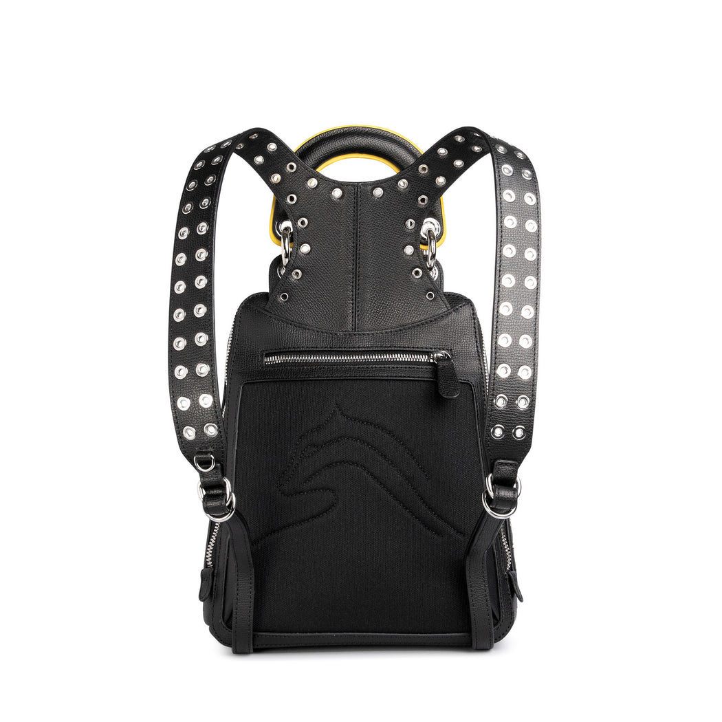Cushioned back of small designer backpack for women in black leather