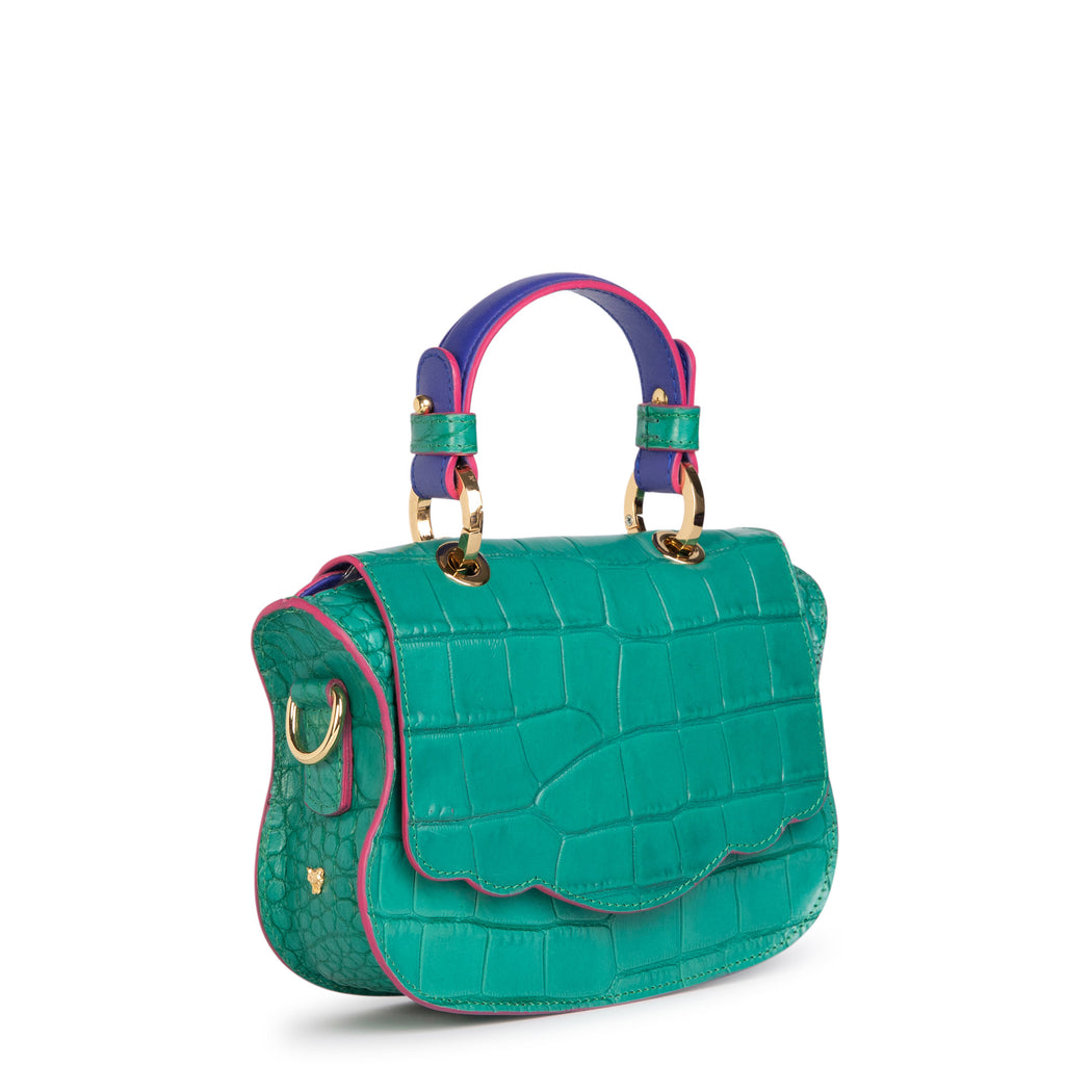 Audrey Micro: Green/Pink Croc-Embossed Designer Crossbody Bag