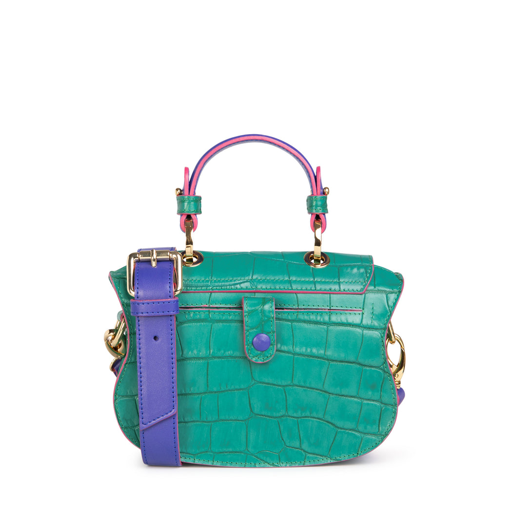 Audrey Micro: Green/Pink Croc-Embossed Designer Crossbody Bag