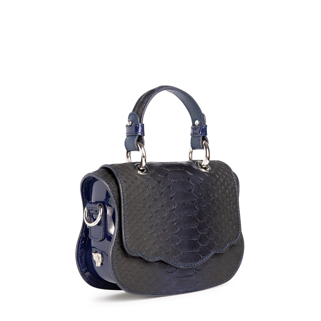 Luxury crossbody handbag made with blue snakeskin print leather