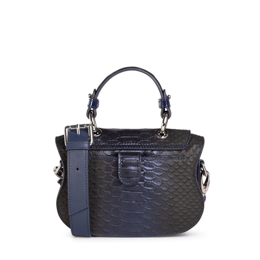 Designer crossbody bag purse, small, with snakeskin embossed navy blue leather