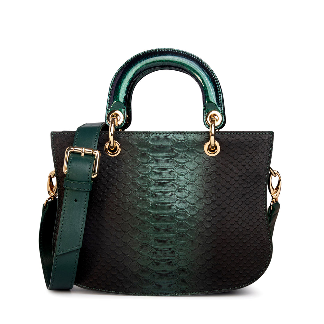 Designer crossbody bag in green snake-embossed leather