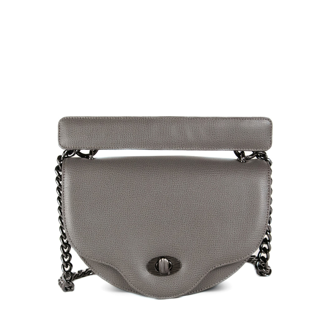 Designer crossbody handbag with chain strap, grey leather