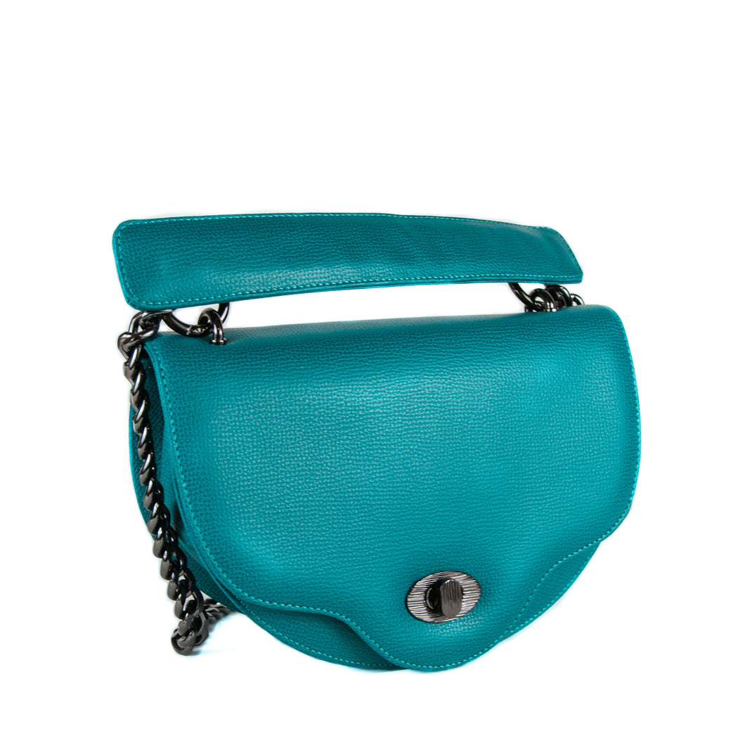 Designer crossbody handbag with chain strap, crescent shape teal leather