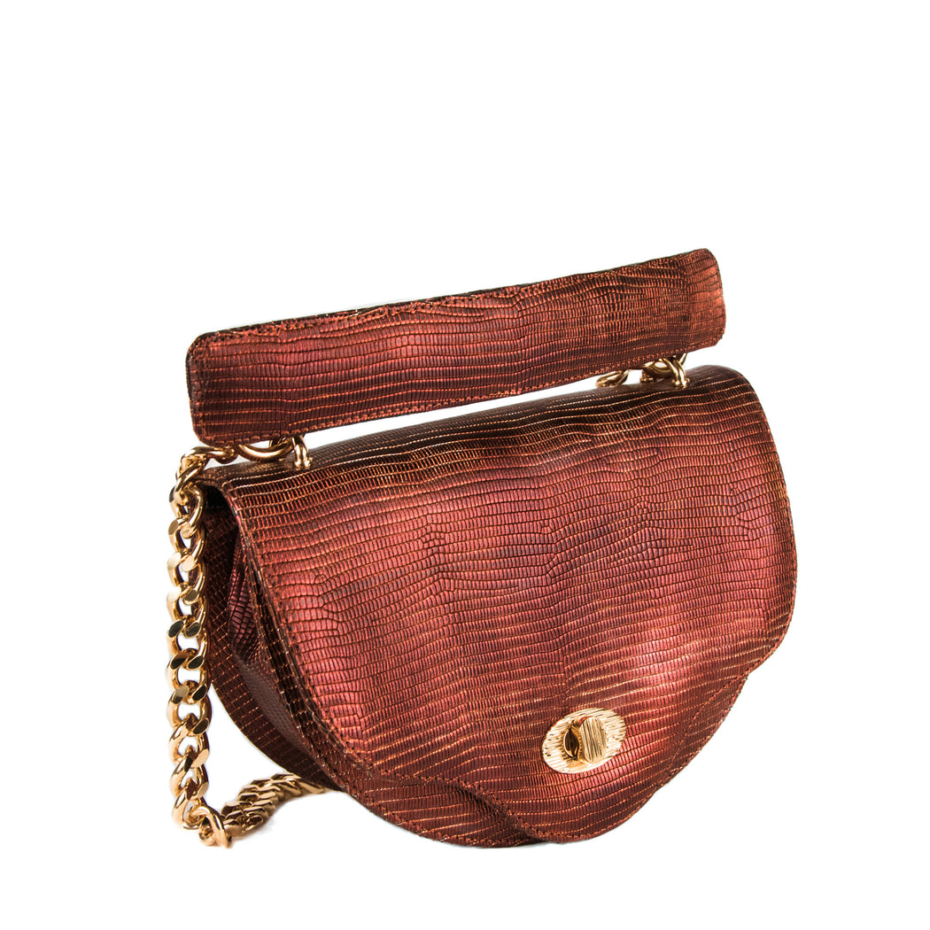 Designer crossbody chain handbag, crescent shape in copper lizard-embossed leather