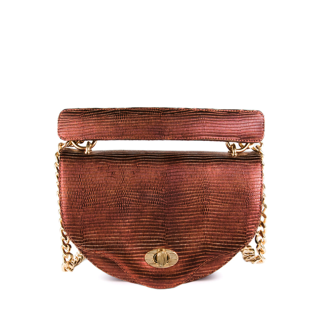 Luxury crossbody handbag with chain strap in copper lizard-embossed leather