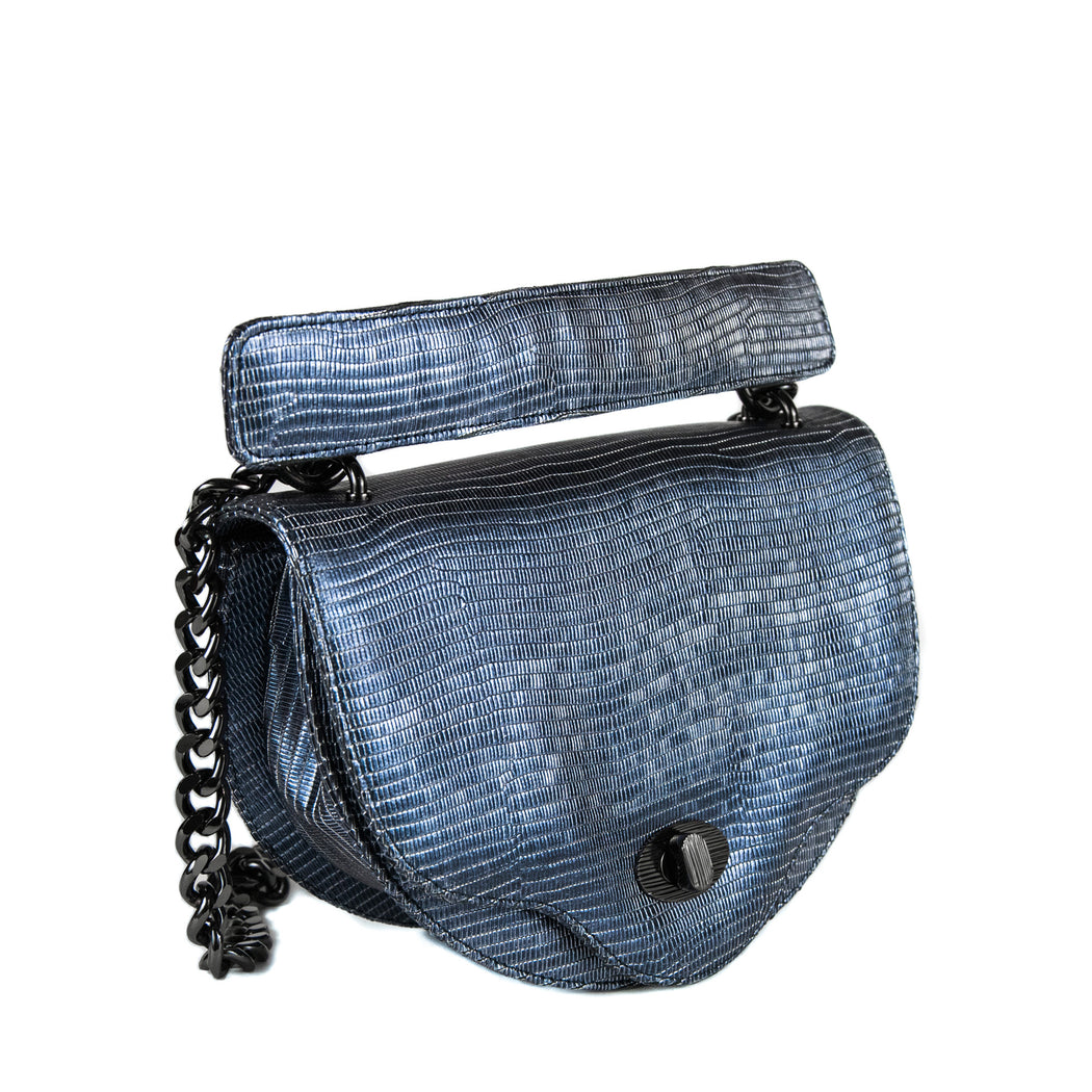 Designer chain bags: Mini crossbody bag in midnight blue lizard-embossed leather