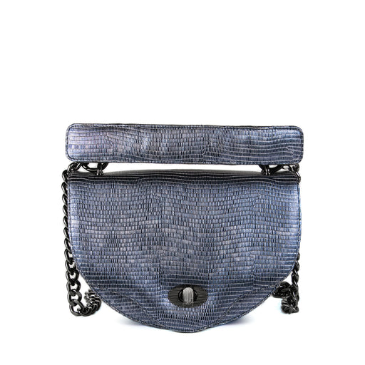 Designer crossbody handbag with chain strap in midnight blue leather, crescent shaped