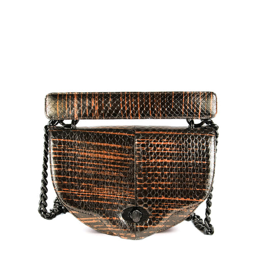 Designer handbag: Brown snakeskin crescent-shaped purse