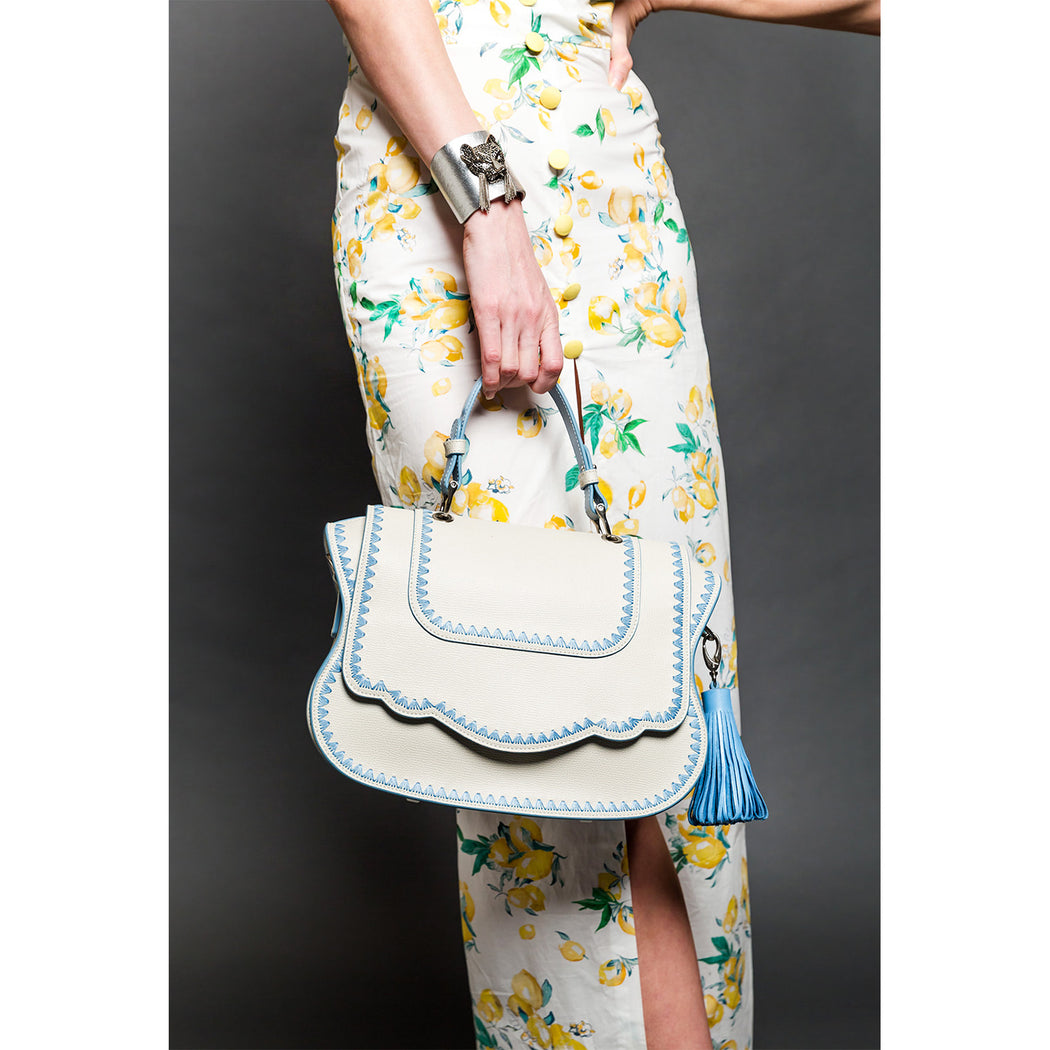 Audrey Satchel: White Designer Handbag with Blue Stitching
