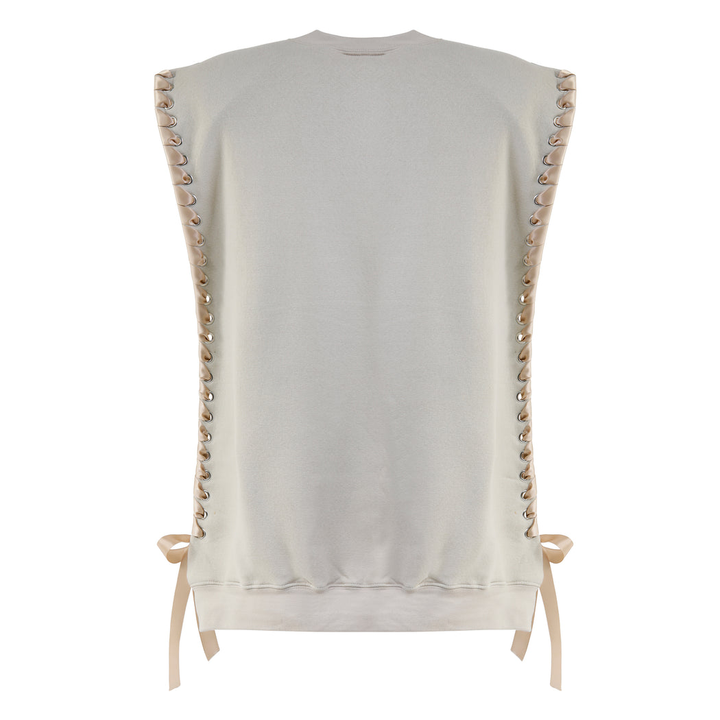 Sleeveless Crewneck with Ribbon in Sand