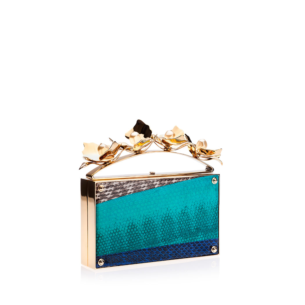 Blue snakeskin clutch: Designer evening bag with brass & pearl ornament