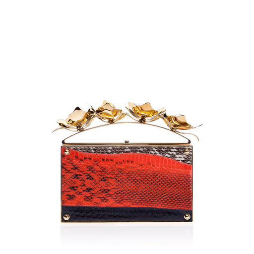 Designer evening bag: Red snakeskin clutch with brass & pearl adornment