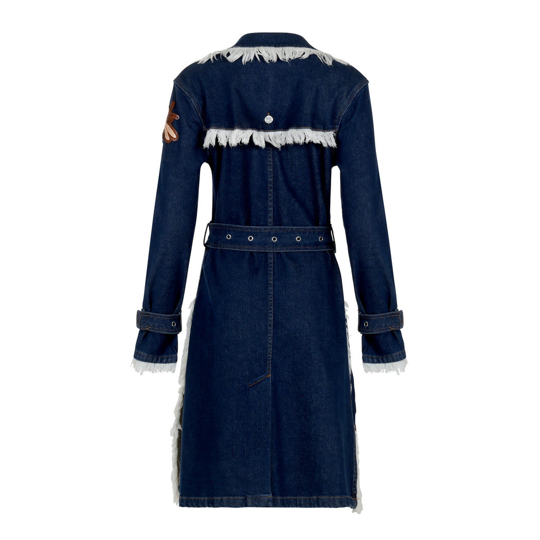 Chicago Denim Coat Knee Length with Bee Leather Work