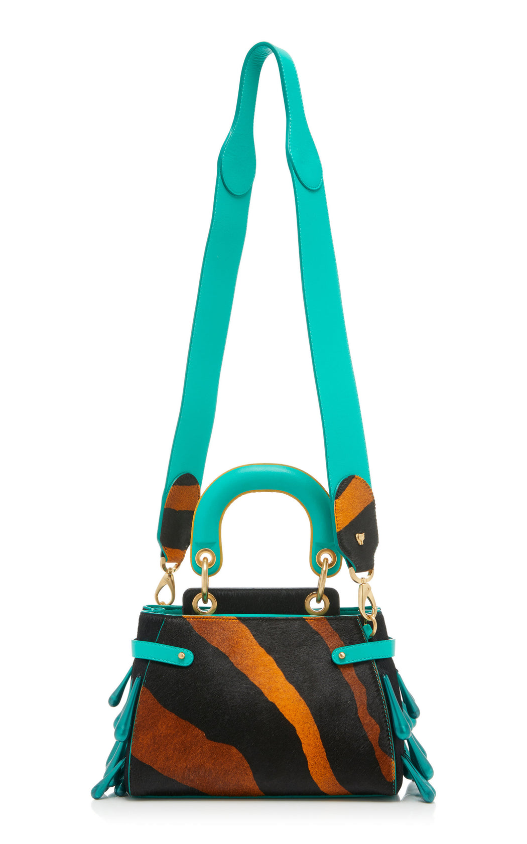 A ladylike luxury frame bag in animal print cavallino with teal nappa leather that fits all the essentials. Comes with a detachable cross-body strap as shown and our special "macaron" top handle. The trapeze bag is embellished with pearlescent resin droplets.
