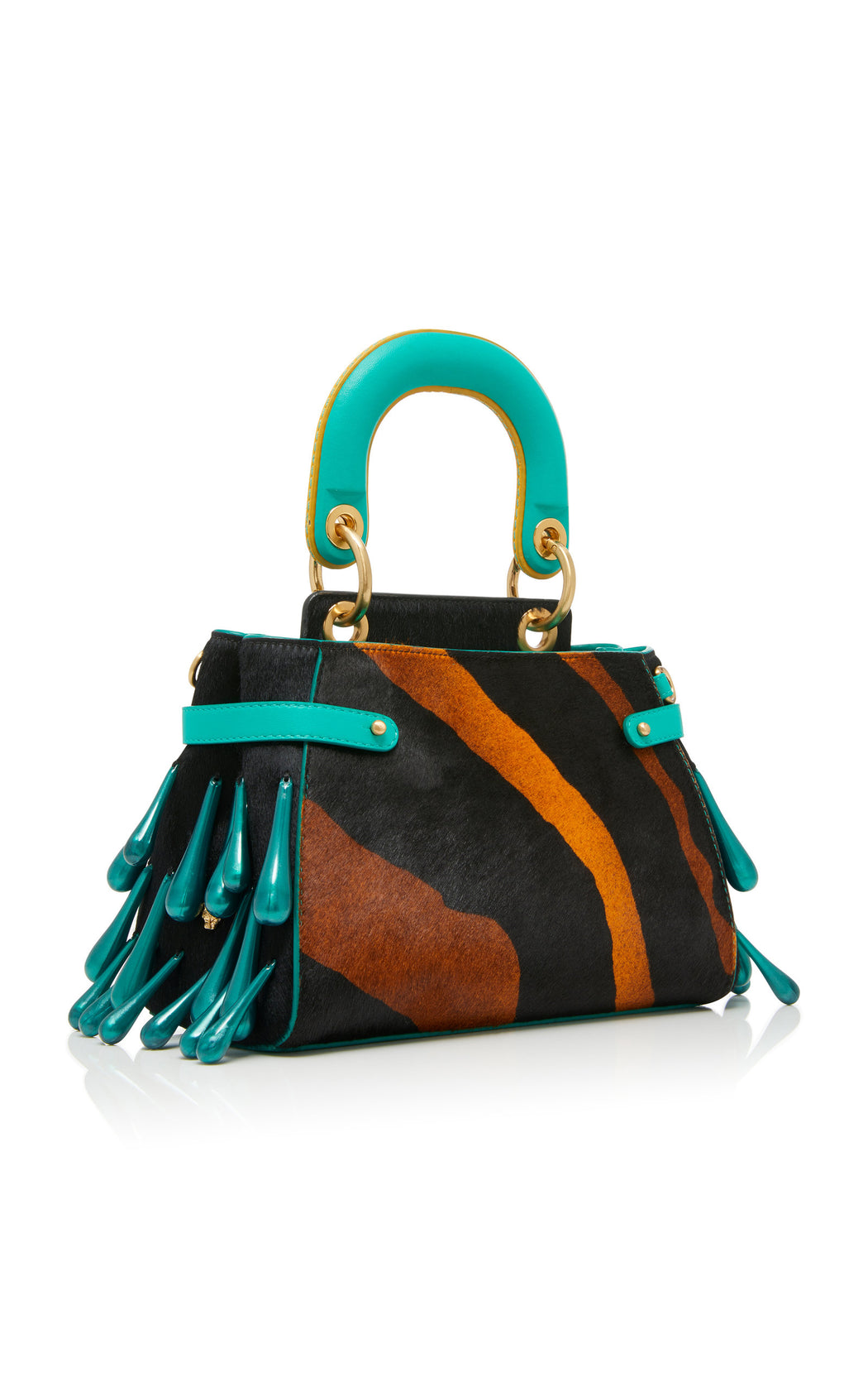 A ladylike luxury frame bag in animal print cavallino with teal nappa leather that fits all the essentials. Comes with a detachable cross-body strap and our special "macaron" top handle. The trapeze bag is embellished with pearlescent resin droplets.